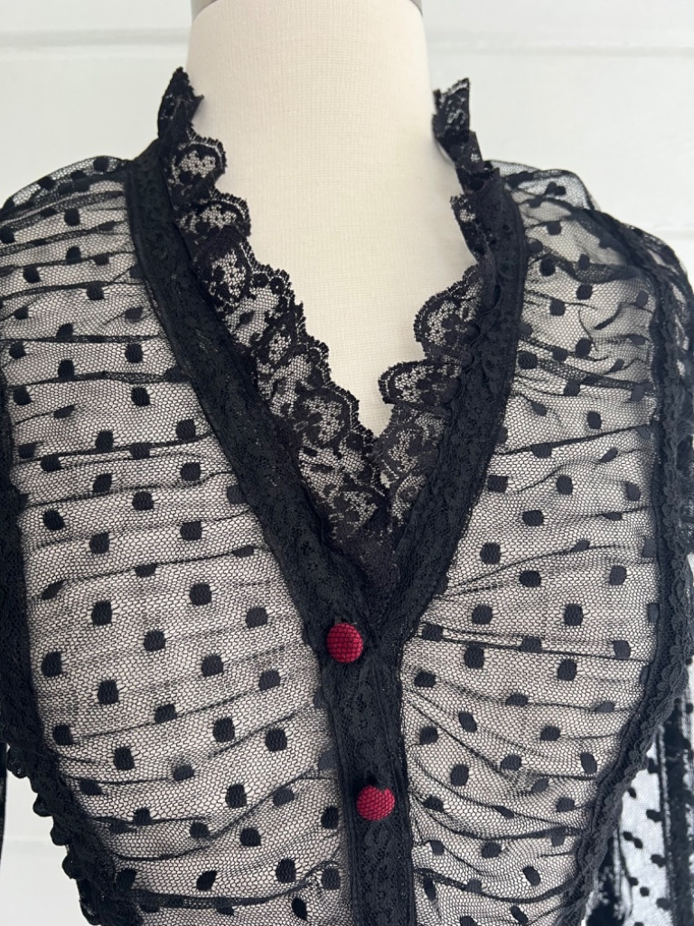 Vintage BETSEY JOHNSON Mesh/Lace Swiss Dot Button Up Blouse - 4* (XS) - Picture 2 of 13